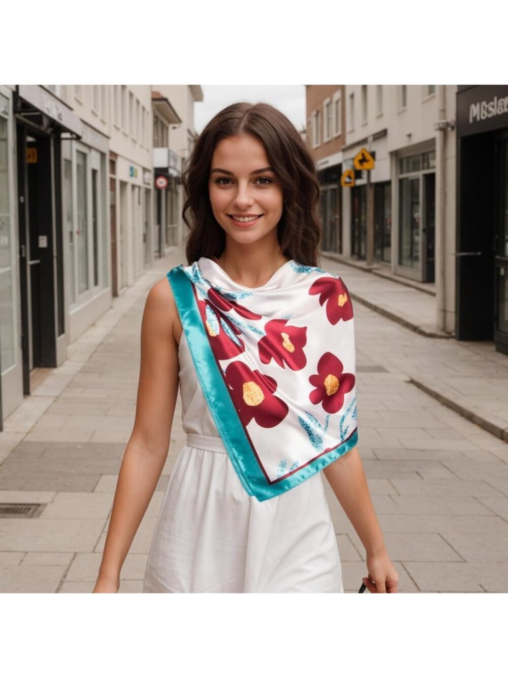 Women's Turquoise Red Printed Square Scarf Bandanas Hair Scarf 35 Inches - Picture 3 of 6
